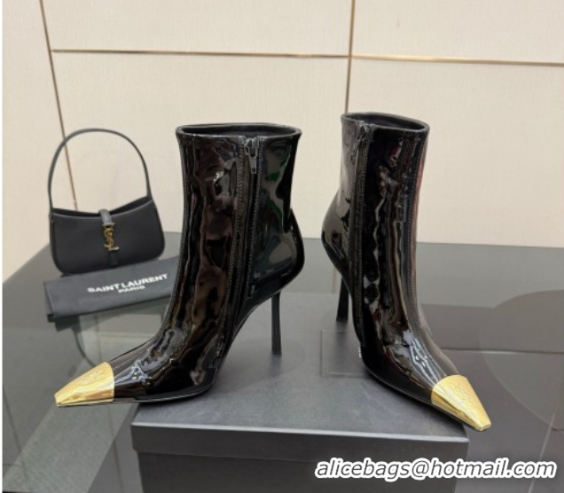 Luxury Saint Laurent Patent Leather Heel Ankle Boots 11cm with Metallic Point Black 1028123
