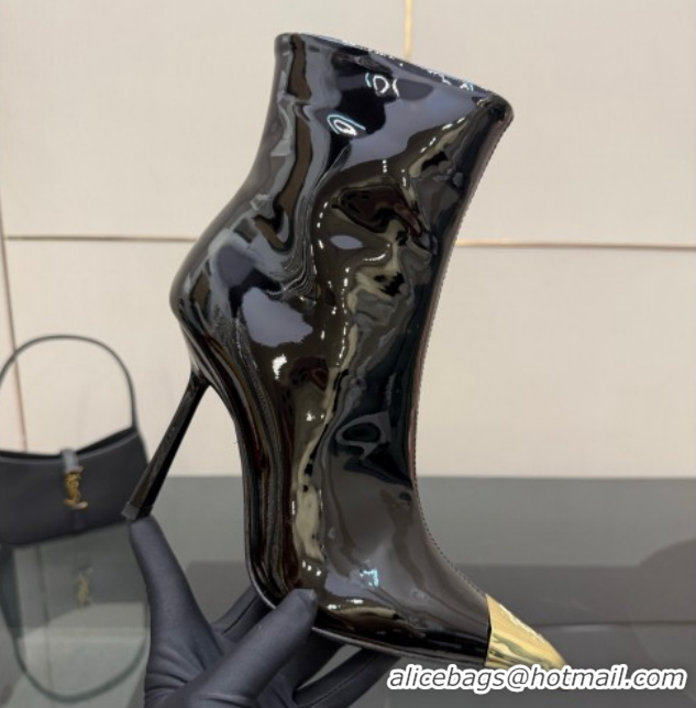 Luxury Saint Laurent Patent Leather Heel Ankle Boots 11cm with Metallic Point Black 1028123