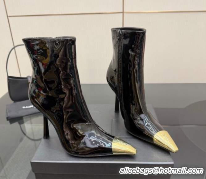 Luxury Saint Laurent Patent Leather Heel Ankle Boots 11cm with Metallic Point Black 1028123
