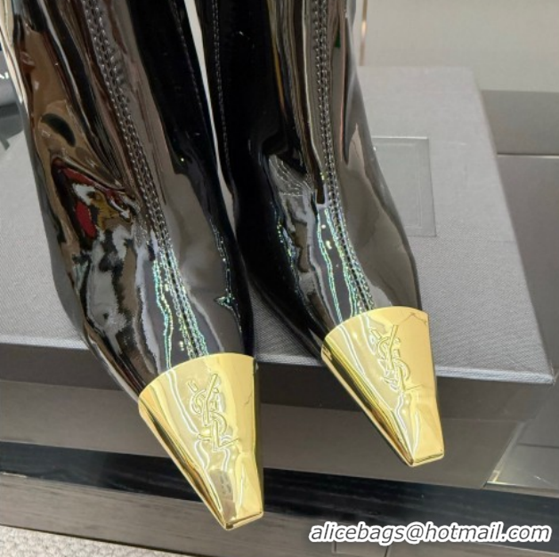 Luxury Saint Laurent Patent Leather Heel Ankle Boots 11cm with Metallic Point Black 1028123