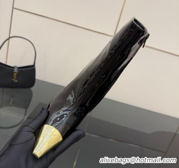 Luxury Saint Laurent Patent Leather Heel Ankle Boots 11cm with Metallic Point Black 1028123