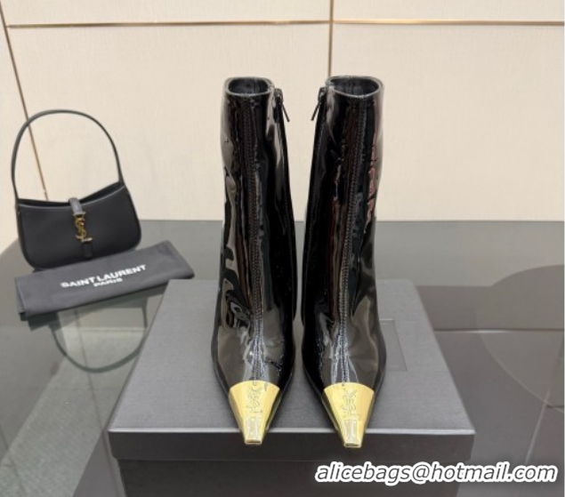 Luxury Saint Laurent Patent Leather Heel Ankle Boots 11cm with Metallic Point Black 1028123