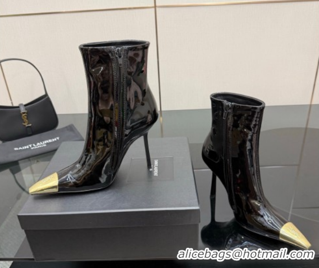 Luxury Saint Laurent Patent Leather Heel Ankle Boots 11cm with Metallic Point Black 1028123