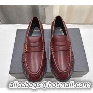 Low Price Saint Laurent Le Loafers Penny Slippers in Calf Leather Burgundy 1028124