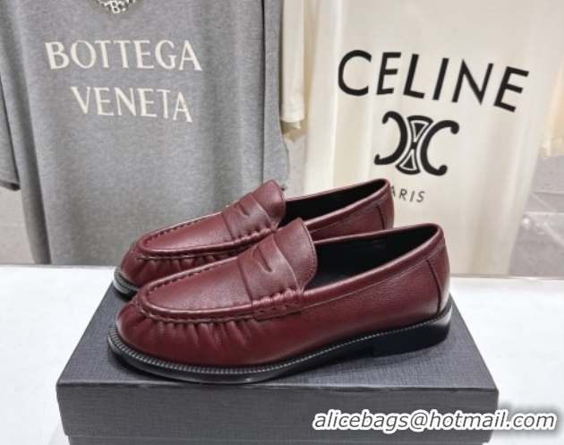 Low Price Saint Laurent Le Loafers Penny Slippers in Calf Leather Burgundy 1028124