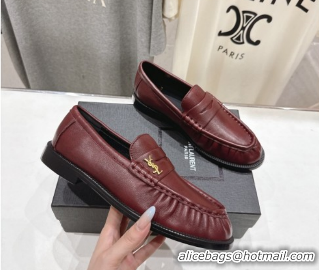 Low Price Saint Laurent Le Loafers Penny Slippers in Calf Leather Burgundy 1028124