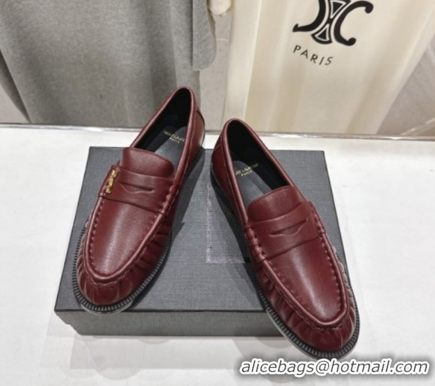 Low Price Saint Laurent Le Loafers Penny Slippers in Calf Leather Burgundy 1028124