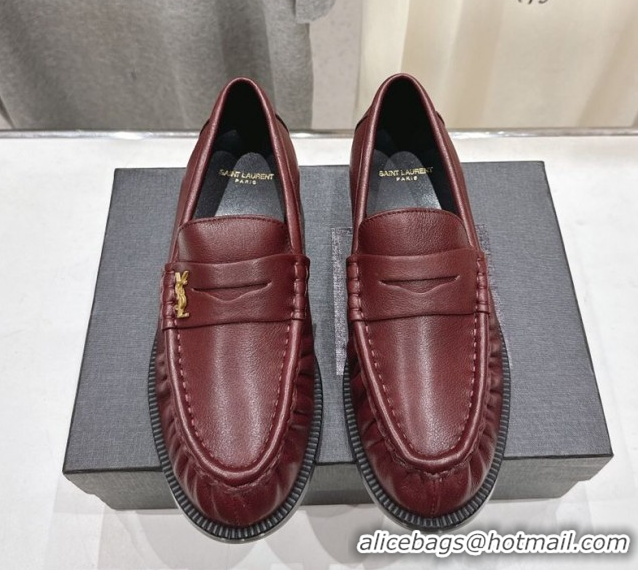 Low Price Saint Laurent Le Loafers Penny Slippers in Calf Leather Burgundy 1028124