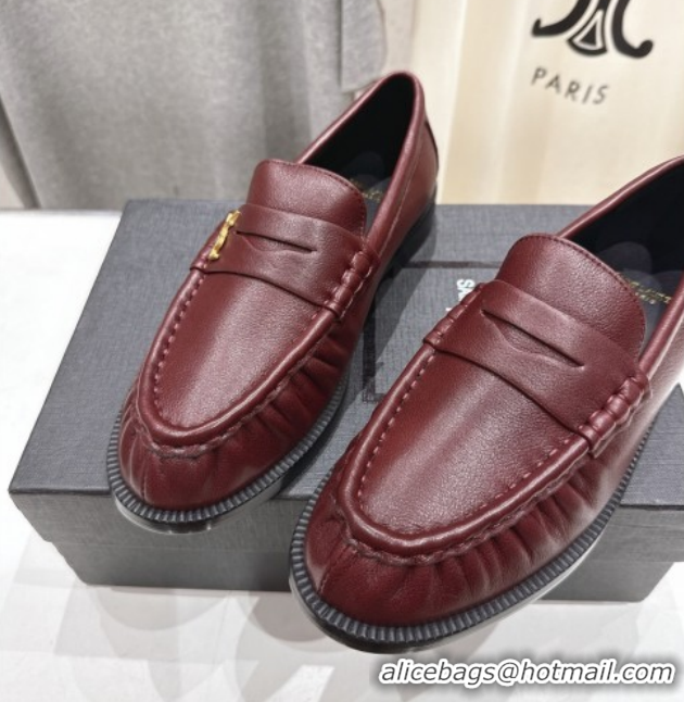 Low Price Saint Laurent Le Loafers Penny Slippers in Calf Leather Burgundy 1028124
