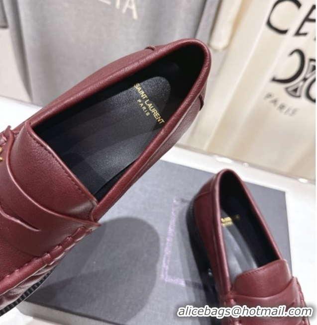 Low Price Saint Laurent Le Loafers Penny Slippers in Calf Leather Burgundy 1028124