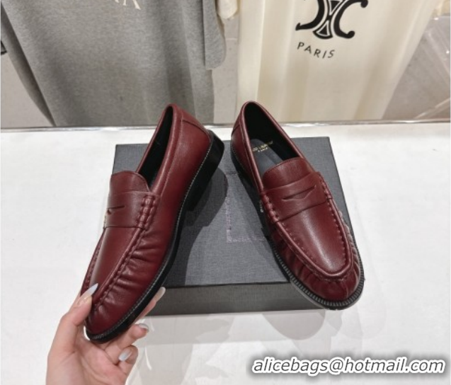 Low Price Saint Laurent Le Loafers Penny Slippers in Calf Leather Burgundy 1028124
