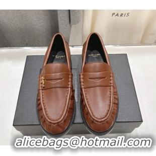 Luxurious Saint Laurent Le Loafers Penny Slippers in Calf Leather Brown 1028125