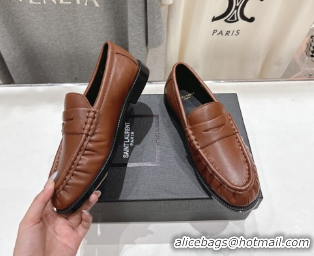 Luxurious Saint Laurent Le Loafers Penny Slippers in Calf Leather Brown 1028125