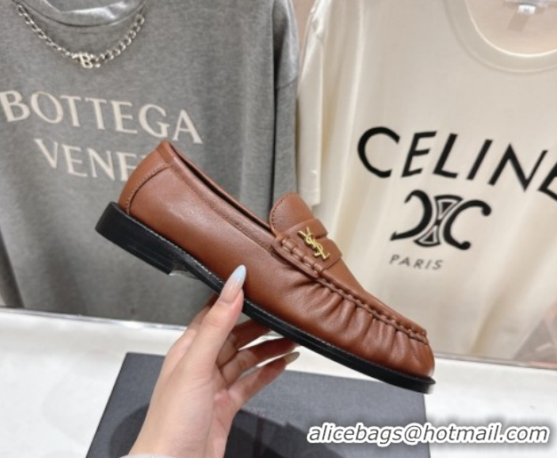 Luxurious Saint Laurent Le Loafers Penny Slippers in Calf Leather Brown 1028125