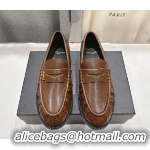 Low Cost Saint Laurent Le Loafers Penny Slippers in Calf Leather Dark Brown 1028126