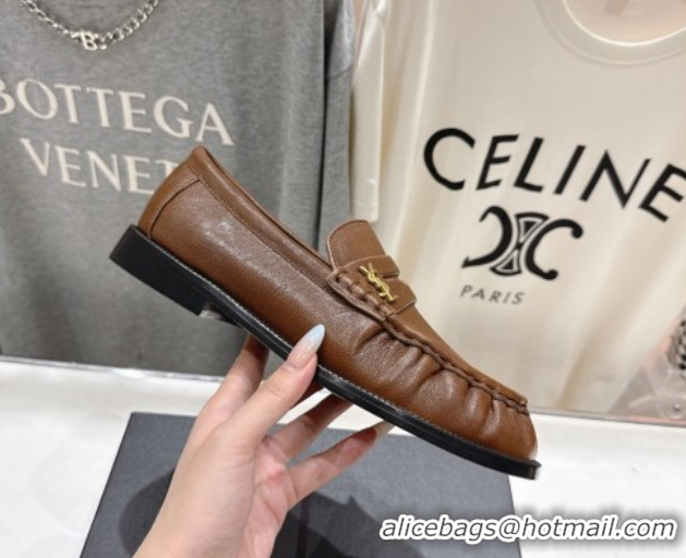 Low Cost Saint Laurent Le Loafers Penny Slippers in Calf Leather Dark Brown 1028126