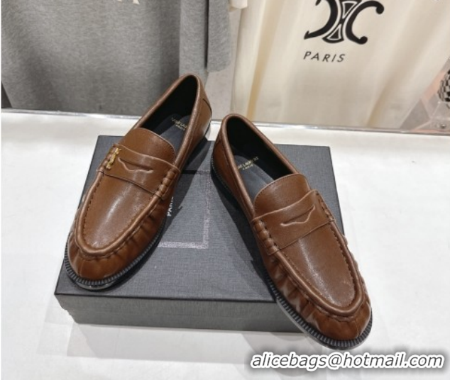 Low Cost Saint Laurent Le Loafers Penny Slippers in Calf Leather Dark Brown 1028126
