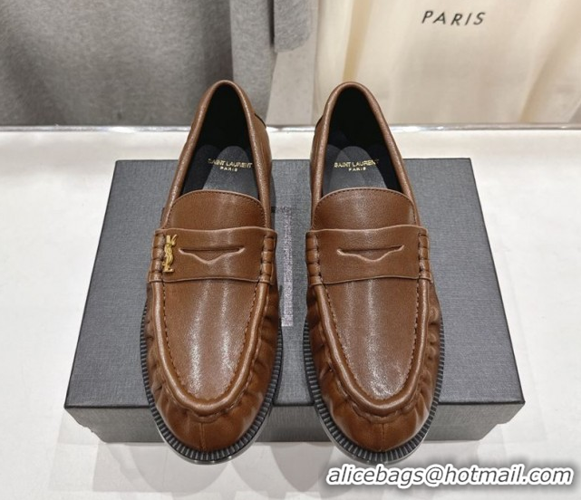 Low Cost Saint Laurent Le Loafers Penny Slippers in Calf Leather Dark Brown 1028126