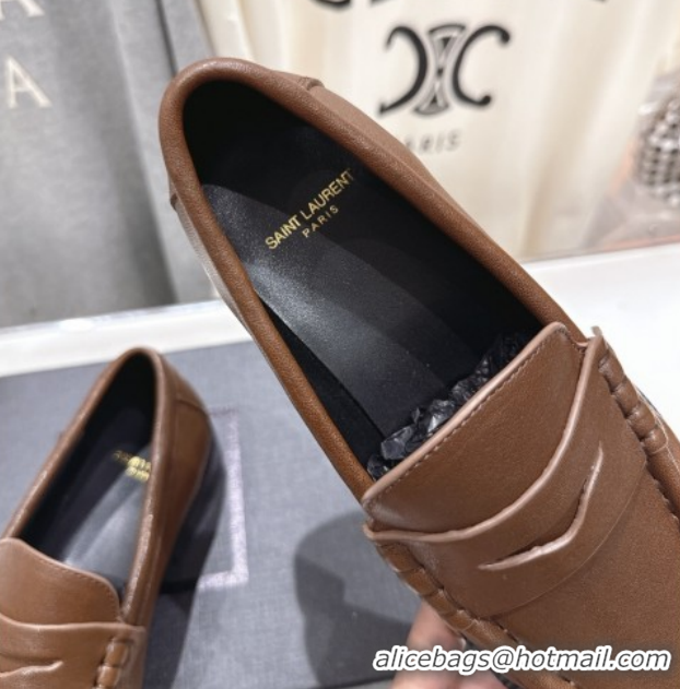 Low Cost Saint Laurent Le Loafers Penny Slippers in Calf Leather Dark Brown 1028126