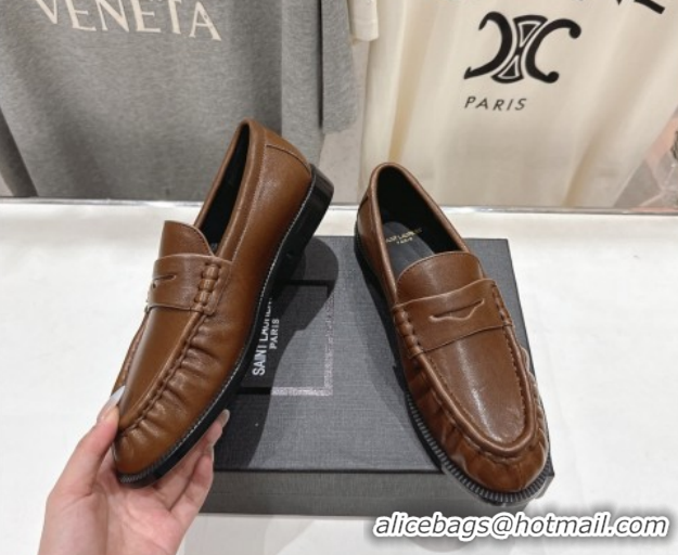 Low Cost Saint Laurent Le Loafers Penny Slippers in Calf Leather Dark Brown 1028126