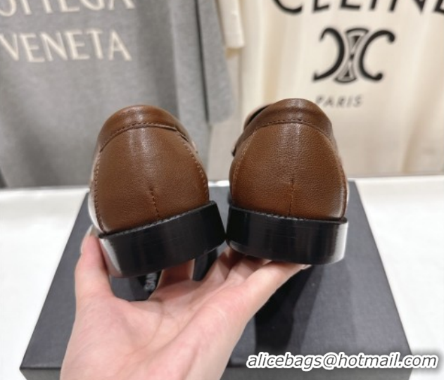 Low Cost Saint Laurent Le Loafers Penny Slippers in Calf Leather Dark Brown 1028126