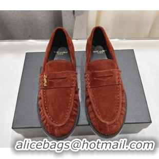 Buy Luxury Saint Laurent Le Loafers Penny Slippers in Suede Dark Brown 1028127