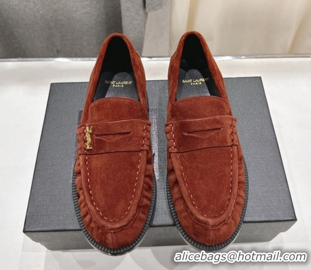 Buy Luxury Saint Laurent Le Loafers Penny Slippers in Suede Dark Brown 1028127