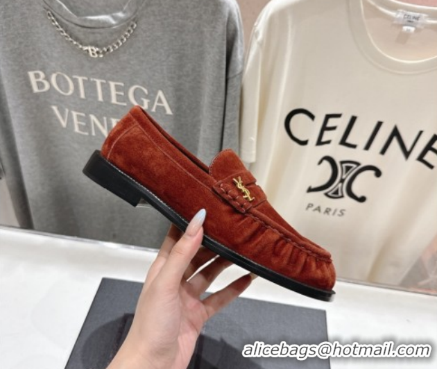 Buy Luxury Saint Laurent Le Loafers Penny Slippers in Suede Dark Brown 1028127