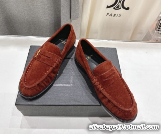Buy Luxury Saint Laurent Le Loafers Penny Slippers in Suede Dark Brown 1028127