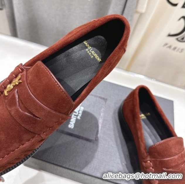 Buy Luxury Saint Laurent Le Loafers Penny Slippers in Suede Dark Brown 1028127