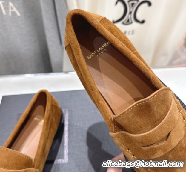 Popular Style Saint Laurent Le Loafers Penny Slippers in Suede Light Brown 1028128