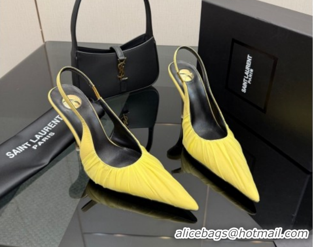 Buy Discount Saint Laurent Deroche Heel Slingbacks Pump 10.5cm in Mesh and Satin Yellow YSL121201 1212059