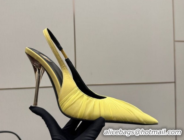 Buy Discount Saint Laurent Deroche Heel Slingbacks Pump 10.5cm in Mesh and Satin Yellow YSL121201 1212059