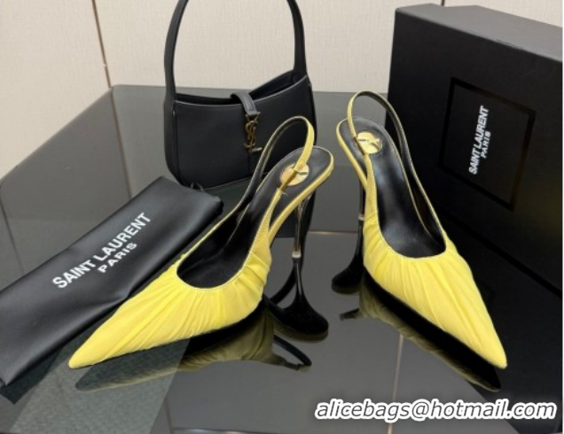 Buy Discount Saint Laurent Deroche Heel Slingbacks Pump 10.5cm in Mesh and Satin Yellow YSL121201 1212059