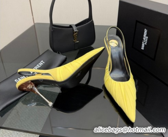 Buy Discount Saint Laurent Deroche Heel Slingbacks Pump 10.5cm in Mesh and Satin Yellow YSL121201 1212059