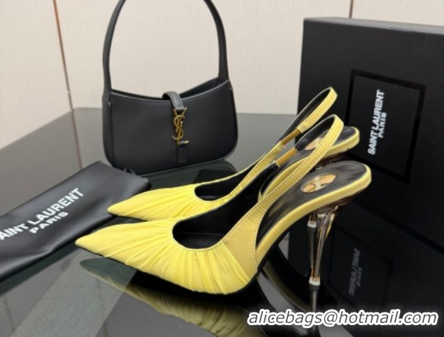 Buy Discount Saint Laurent Deroche Heel Slingbacks Pump 10.5cm in Mesh and Satin Yellow YSL121201 1212059
