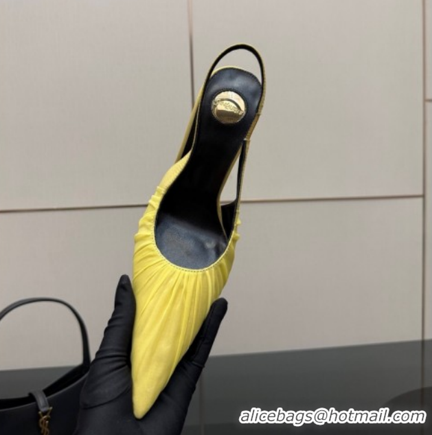 Buy Discount Saint Laurent Deroche Heel Slingbacks Pump 10.5cm in Mesh and Satin Yellow YSL121201 1212059
