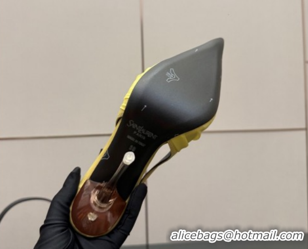 Buy Discount Saint Laurent Deroche Heel Slingbacks Pump 10.5cm in Mesh and Satin Yellow YSL121201 1212059