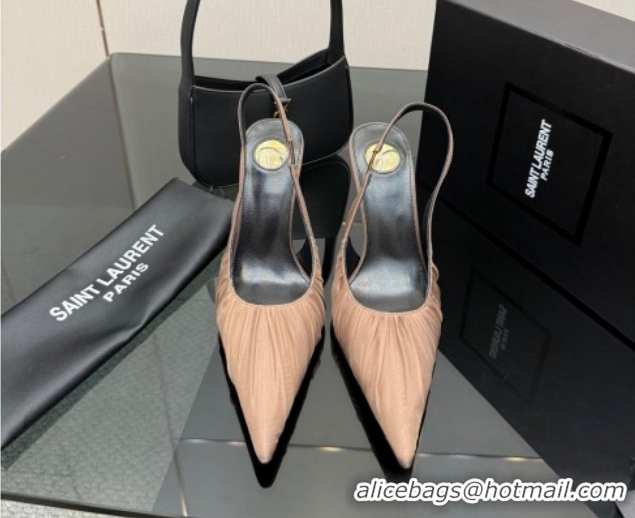 Charming Saint Laurent Deroche Heel Slingbacks Pump 10.5cm in Mesh and Satin Brown YSL121201 1212060