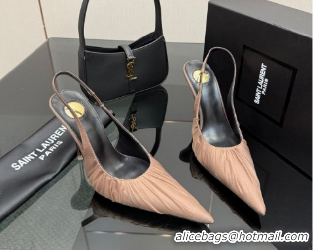 Charming Saint Laurent Deroche Heel Slingbacks Pump 10.5cm in Mesh and Satin Brown YSL121201 1212060