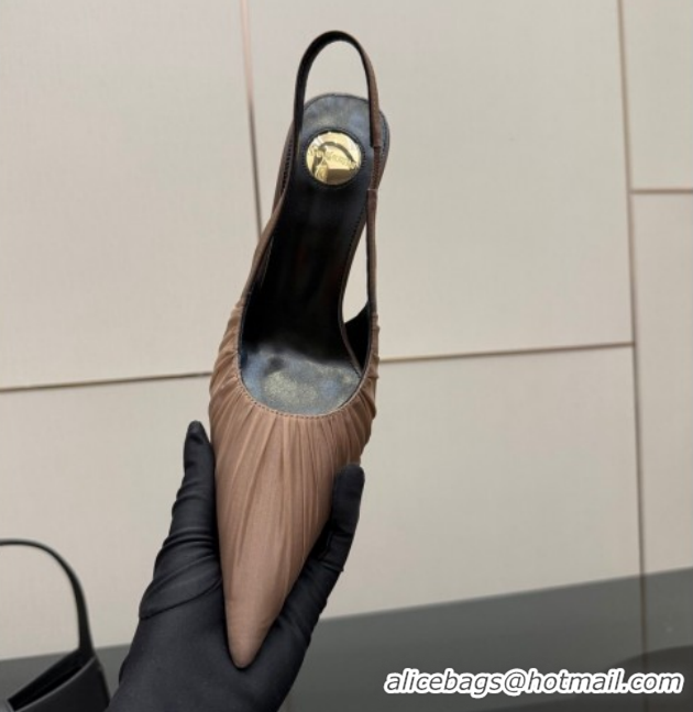 Charming Saint Laurent Deroche Heel Slingbacks Pump 10.5cm in Mesh and Satin Brown YSL121201 1212060