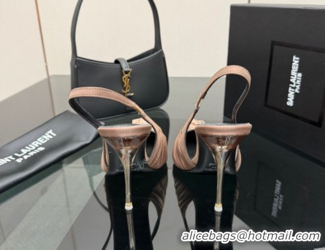 Charming Saint Laurent Deroche Heel Slingbacks Pump 10.5cm in Mesh and Satin Brown YSL121201 1212060