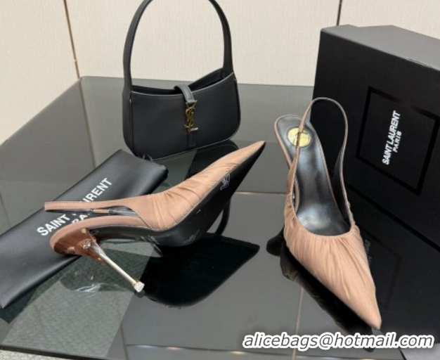 Charming Saint Laurent Deroche Heel Slingbacks Pump 10.5cm in Mesh and Satin Brown YSL121201 1212060