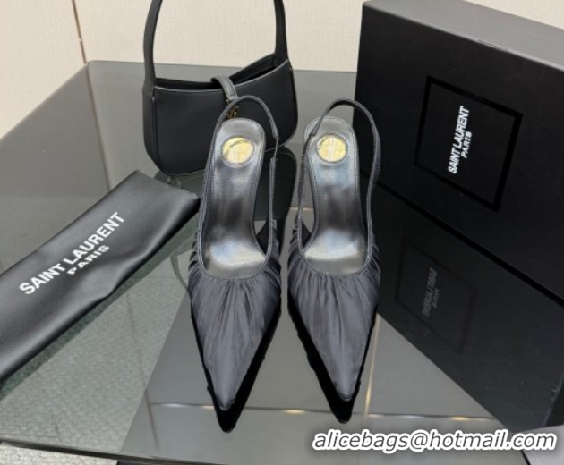 Durable Saint Laurent Deroche Heel Slingbacks Pump 10.5cm in Mesh and Satin Black YSL121201 1212061
