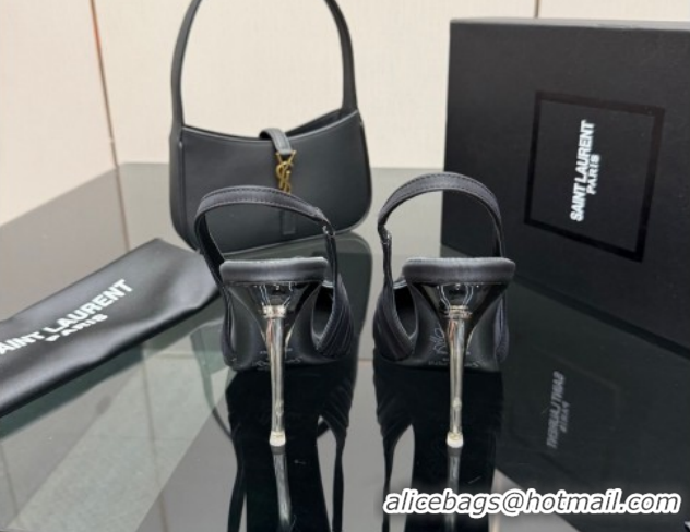 Durable Saint Laurent Deroche Heel Slingbacks Pump 10.5cm in Mesh and Satin Black YSL121201 1212061