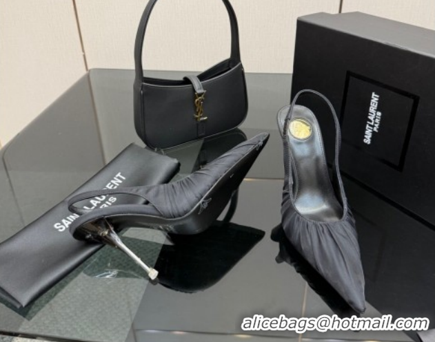 Durable Saint Laurent Deroche Heel Slingbacks Pump 10.5cm in Mesh and Satin Black YSL121201 1212061