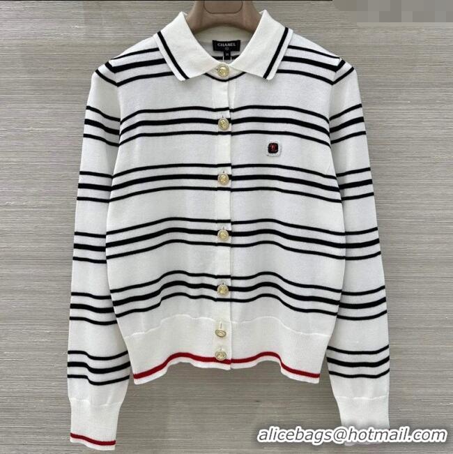 Big Discount Chanel Cashmere Striped Polo Shirt CH122611 White 2025