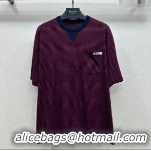 Top Grade Prada Cotton Striped T-Shirt PR122610 Red 2025