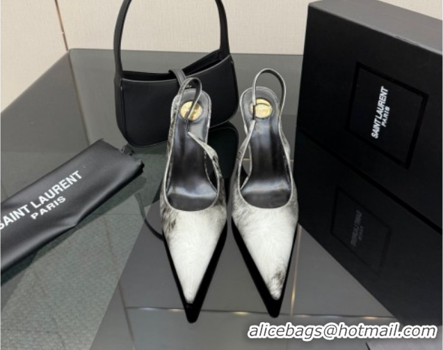 Low Cost Saint Laurent Deroche Heel Slingbacks Pump 10.5cm in Patent Leather Grey Print YSL121201 1212064