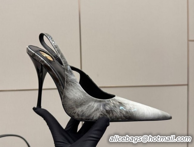 Low Cost Saint Laurent Deroche Heel Slingbacks Pump 10.5cm in Patent Leather Grey Print YSL121201 1212064